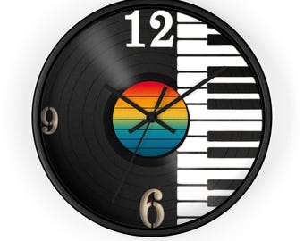 Wall Clock, Vinyl Clock, Vinyl Record Clock, Music Clock, Piano Wall Art, Vintage Clock, Unique Clock, Keyboard Clock, Music Lover Gift