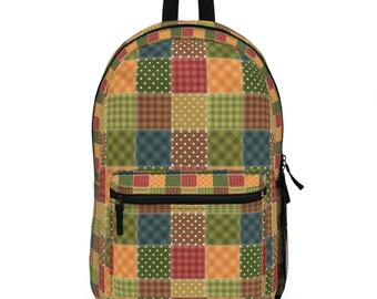 Mochila de lunares a cuadros, mochila de patchwork, mochila con estampado de patchwork, mochila de patchwork colorida, mochila moderna, mochila de moda