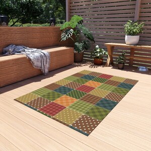 Patchwork Printed Rug, Patchwork Pattern Rug, Quilt Style Rug, Geometric Outdoor Rug, Patio Rug, Porch Rug, Deck Rug, Garden Rug, Cool Rug image 3