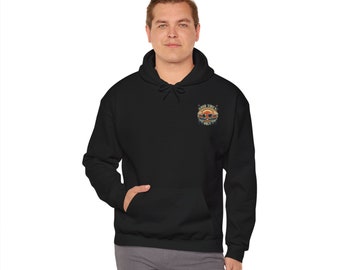 May include: Black hooded sweatshirt with a vintage-style graphic on the left chest that says "Good Vibes Only" with a sunset and palm trees.
