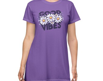 good vibes t shirt dress Good Vibes Daisy T-Shirt Dress: Lavender Floral Print, Casual Summer Style