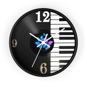 Wall Clock, Vinyl Clock, Butterfly Clock, Vinyl Record Clock, Music Clock, Piano Wall Art, Vintage Clock, Unique Clock, Music Lover Gift