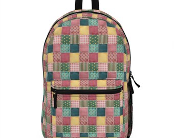 Patchwork Pattern Backpack, Patchwork Print Backpack, Faux Patchwork Backpack, Geometric Pattern Backpack, Cool Backpack, Trendy Backpack