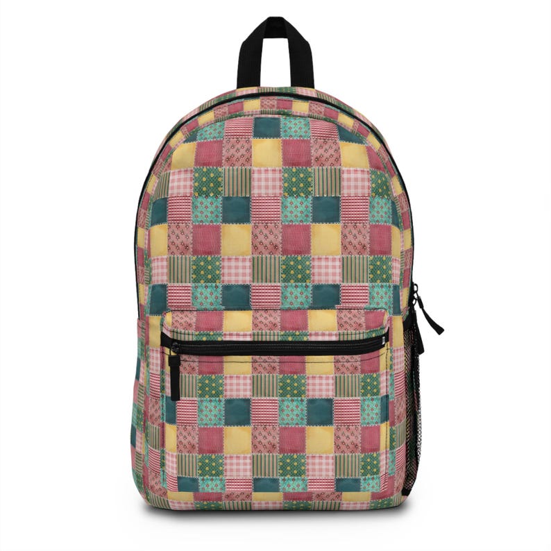 Patchwork-Muster-Rucksack, Patchwork-Druck-Rucksack, Faux-Patchwork-Rucksack, Geometrisches Muster-Rucksack, cooler Rucksack, trendiger Rucksack Bild 1