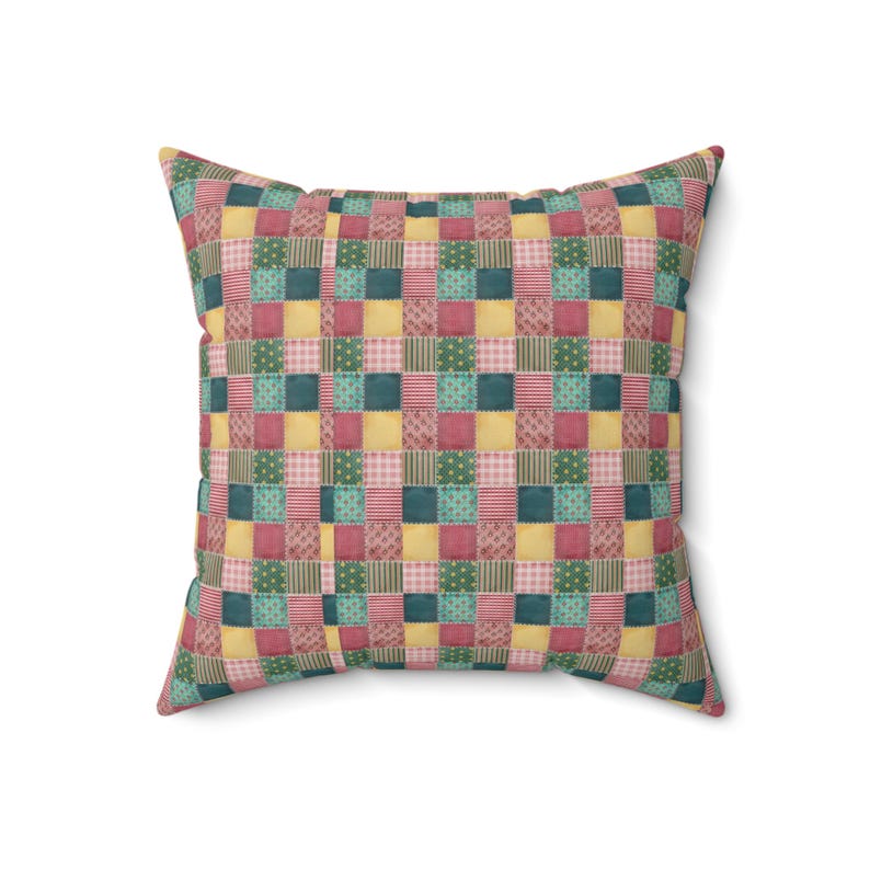 Cojín cuadrado con estampado de patchwork, cojín con estampado de patchwork, cojín de patchwork colorido, cojín geométrico, cojín único, cojín moderno. imagen 9