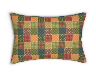 パッチワークプリントの腰枕、パッチワーク柄の腰枕、幾何学模様の枕、スタイリッシュな腰クッション、装飾枕、心地よい枕