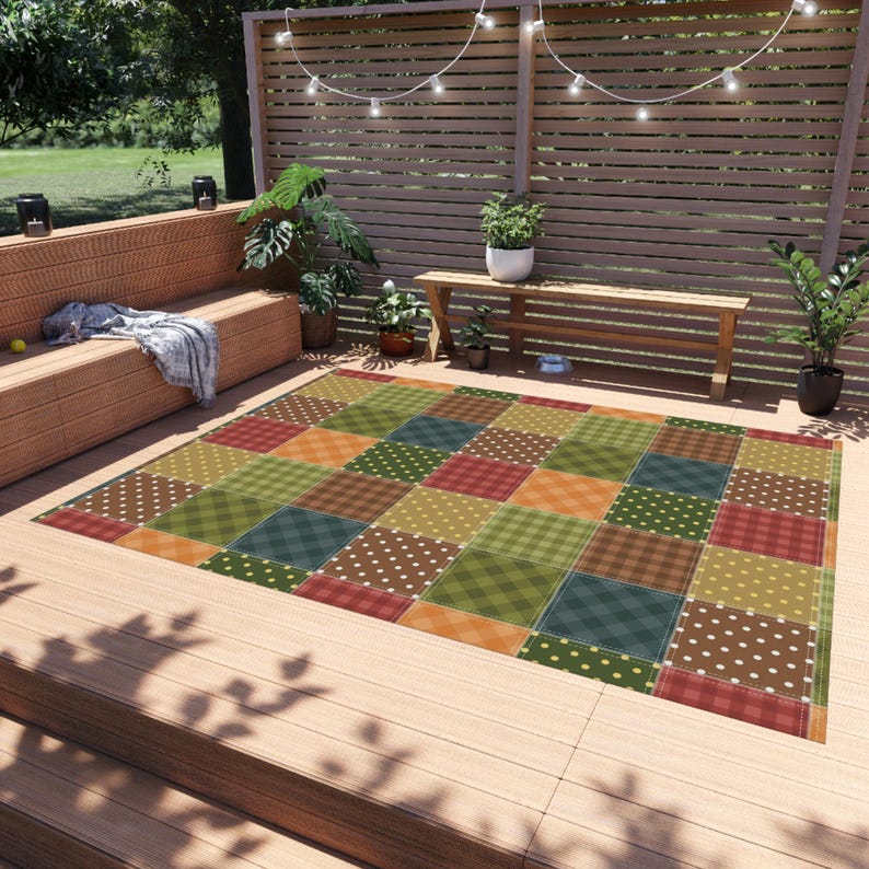 Patchwork Printed Rug, Patchwork Pattern Rug, Quilt Style Rug, Geometric Outdoor Rug, Patio Rug, Porch Rug, Deck Rug, Garden Rug, Cool Rug image 1