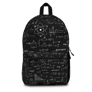 May include: Black backpack with a white print of scientific formulas, equations, and diagrams. The print includes an atom, a sine wave, and electrical circuits.
