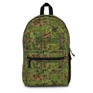 May include: A green and brown camouflage backpack with a zippered pocket on the front. The backpack has a square pattern with a variety of leaf designs.