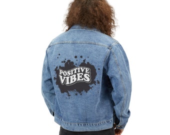 Giacca di jeans Positive Vibes, giacca di jeans da uomo, giacca di jeans da uomo, giacca di jeans stampata, giacca unica, giacca di jeans grafica, giacca di jeans alla moda