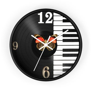 Wall Clock, Vinyl Clock, Vinyl Record Clock, Music Clock, Piano Wall Art, Vintage Clock, Unique Clock, Butterfly Clock, Music Lover Gift