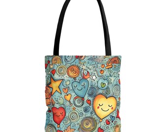 May include: A blue tote bag with a colorful pattern of hearts, stars, and swirls. The hearts have smiling faces and are in various colors, including red, yellow, blue, and green.
