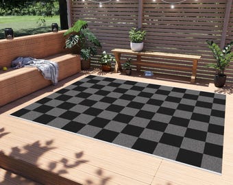 Checkered Outdoor Rug, Checkers Rug, Black and Gray Checkers Rug, Checkerboard Pattern Outdoor Rug, Patio Rug, Porch Rug, Deck Rug, Rugs