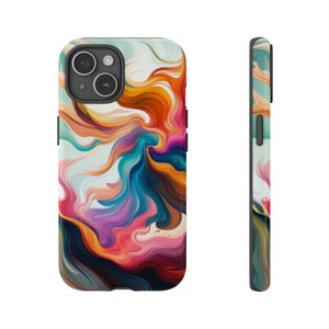 May include: A colorful abstract phone case with swirling patterns in shades of blue, orange, pink, and purple.