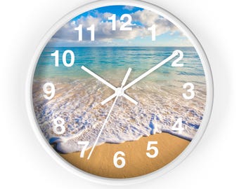 Orologio da spiaggia, orologio con sabbia e mare, orologio con scena oceanica, arredamento da spiaggia, arredamento per la casa in stile costiero, orologio tropicale, orologio da parete moderno, orologio fantastico