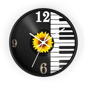 Wall Clock, Vinyl Clock, Sunflower Clock, Vinyl Record Clock, Music Clock, Piano Wall Art, Vintage Clock, Unique Clock, Music Lover Gift