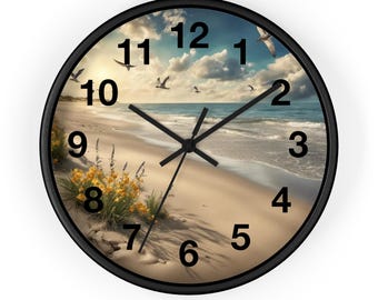 Wall Clock, Coastal Clock Decor, Beach Clock, Ocean View Clock, Sand and Sea Clock, Bird and Flower Wall Clock, Scenic Beach Theme Clock