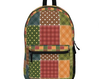 Mochila de lunares a cuadros, mochila con estampado de patchwork, mochila de patchwork colorida, mochila con estampado de patchwork, mochila moderna, mochila de moda