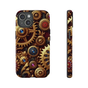 May include: A phone case with a steampunk design featuring gold gears, intricate details, and blue and red jewels on a dark red background.