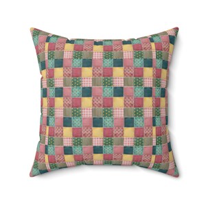 Cojín cuadrado con estampado de patchwork, cojín con estampado de patchwork, cojín de patchwork colorido, cojín geométrico, cojín único, cojín moderno. imagen 4
