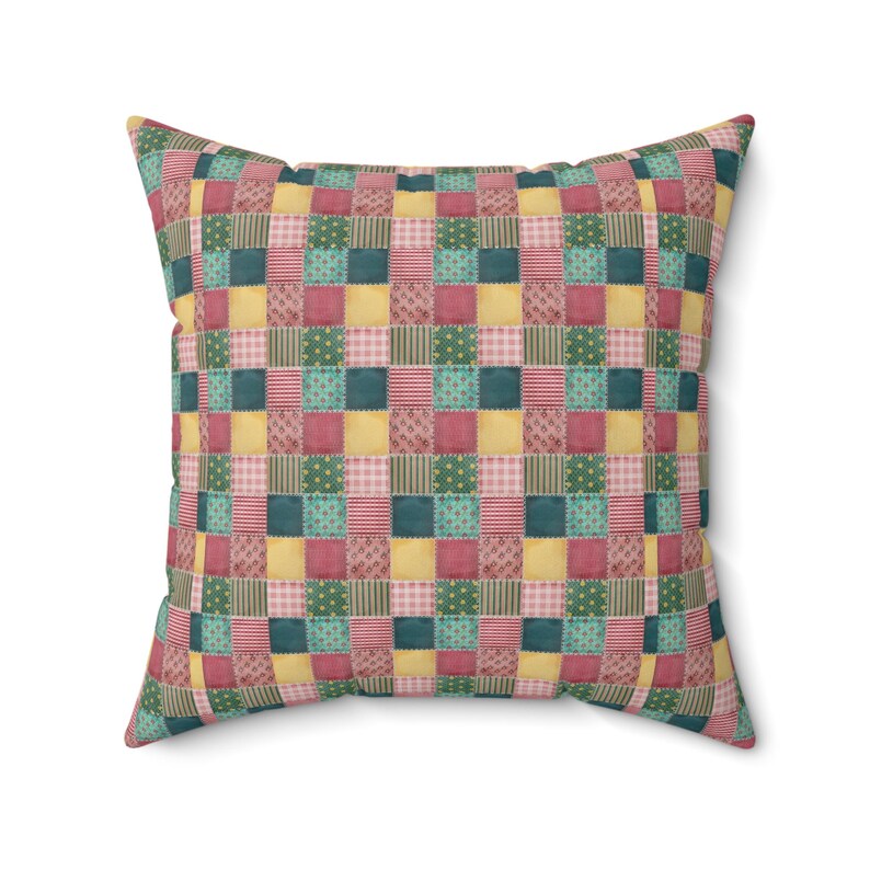 Cojín cuadrado con estampado de patchwork, cojín con estampado de patchwork, cojín de patchwork colorido, cojín geométrico, cojín único, cojín moderno. imagen 4