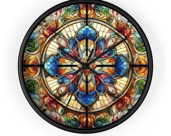 Floral Cross Stained Glass Print Clock, Floral Cross Art Clock, Gothic Stained Glass Clock, Decorative Wall Clock, Unique Wall Clock, Gifts