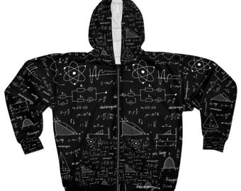 May include: Black zip-up hoodie with a white print of various scientific formulas, equations, and diagrams. The print includes symbols for atoms, electrical circuits, and mathematical functions.