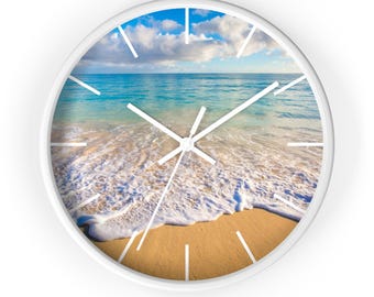 Orologio da spiaggia, arredamento da spiaggia, orologio con sabbia e mare, orologio con scena oceanica, arredamento per la casa in stile costiero, orologio tropicale, orologio da parete moderno, orologio fantastico