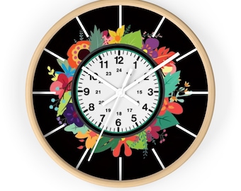 Bloemen 24-uurs militaire klok, militaire prikklok, herfstwandklok, 12- en 24-uursklok, unieke klok, moderne klok, trendy klok