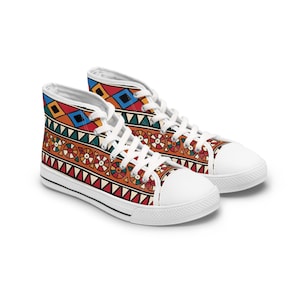 Women&#39;s High Top Sneakers, African Pattern Shoes, Geometric Design Footwear, Tribal Sneakers, Abstract Geometry, Ethnic Inspired High Tops