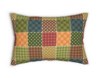 パッチワークプリントの腰枕、パッチワーク柄の腰枕、スタイリッシュな腰クッション、幾何学模様の枕、装飾枕、心地よい枕