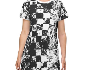 Punk Rock Checkered T Shirt Dress, Checkered T Shirt Dress, Grunge Style Dress, Black and White Shirt Dress, Casual Summer Dress, Punk Dress