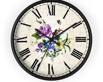 Orologio da parete con numeri romani, orologio da parete shabby chic, orologio da parete floreale, orologio da parete a farfalla, decorazione da parete in stile cottagecore, orologio da parete a tema giardino