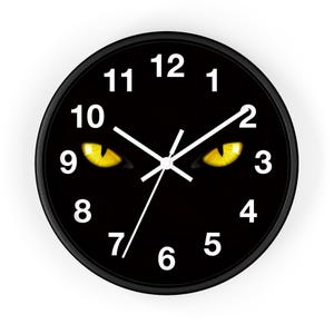 Klocka med kattögon vid midnatt, väggklocka med svart katt, klocka med läskiga ögon, läskig klocka, klocka med obehagliga ögon, Halloweenklocka, rolig klocka, unik klocka