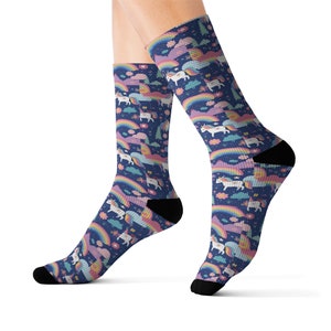 Unicorn Socks, Rainbow Sock Design, Cute Socks, Floral Pattern Socks, Whimsical Footwear, Magical Unicorn Theme Socks, Fun Rainbow Socks