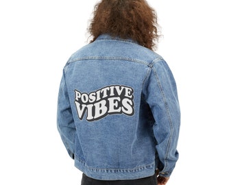Giacca in denim Positive Vibes, giacca in denim da uomo, giacca in denim da uomo, giacca in denim stampata, giacca unica, giacca in denim grafica, giacca in denim alla moda