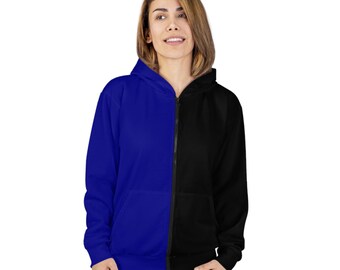 Dual Tone Hoodie, Two Tone Hoodie, Blue Black Unisex Zip Hoodie