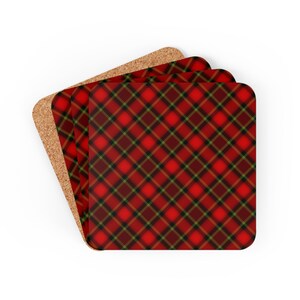Corkwood Coaster Set, Red and Green Plaid, Digital Pattern, Holiday Charm, Classic Design, Cute Coaster, Home Decor, Festive Sophistication
