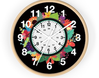 Bloemen 24-uurs militaire klok, herfstwandklok, militaire prikklok, 12- en 24-uursklok, unieke klok, moderne klok, trendy klok