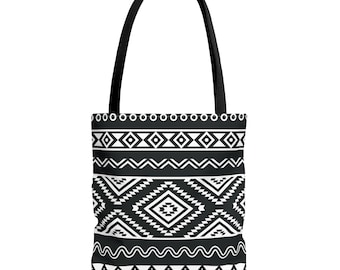 Aztec Rhythm Tote Bag, Tribal Print Tote Bag, Geometric Tote, Monochrome Aztec Bag, Abstract Tote Bag, Fashionable Shopping Bag, Chic Tote