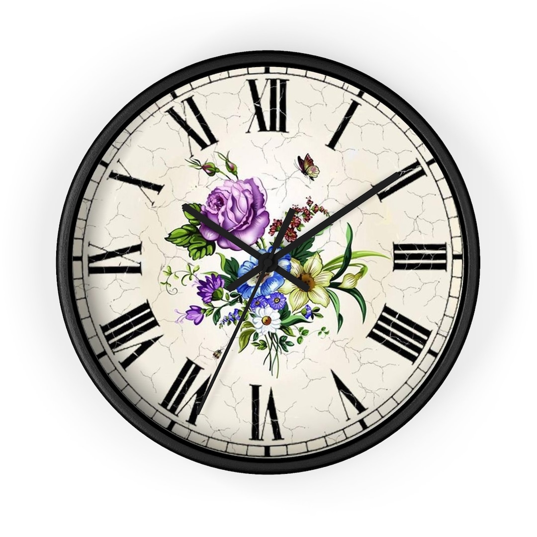 Clock Wall Clock Floral Wall Clock Roman Numeral Clock Etsy