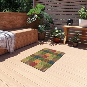Patchwork Printed Rug, Patchwork Pattern Rug, Quilt Style Rug, Geometric Outdoor Rug, Patio Rug, Porch Rug, Deck Rug, Garden Rug, Cool Rug image 4