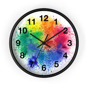 Wall Clock, Rainbow Watercolor Clock, Watercolor Splash Clock, Abstract Rainbow Clock, Contemporary Home Decor Clock, Rainbow-Themed Clock