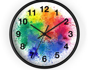 Wall Clock, Rainbow Watercolor Clock, Watercolor Splash Clock, Abstract Rainbow Clock, Contemporary Home Decor Clock, Rainbow-Themed Clock