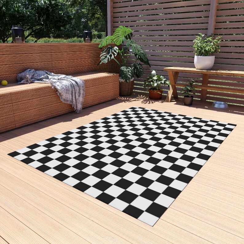 Tapete xadrez para exterior, tapete com padrão xadrez para exterior, tapete de damas, tapete xadrez preto e branco, tapete para pátio, tapete para varanda, tapete para deck, tapetes imagem 5
