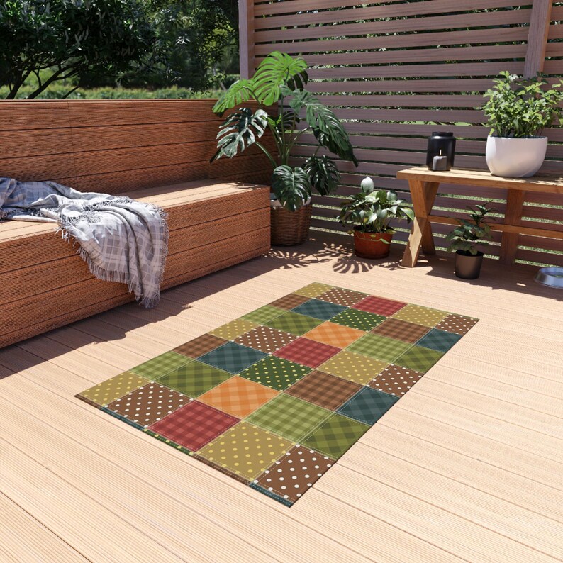 Patchwork Printed Rug, Patchwork Pattern Rug, Quilt Style Rug, Geometric Outdoor Rug, Patio Rug, Porch Rug, Deck Rug, Garden Rug, Cool Rug image 2