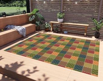Patchwork Printed Rug, Quilt Style Rug, Patchwork Pattern Rug, Geometric Outdoor Rug, Patio Rug, Porch Rug, Deck Rug, Garden Rug, Cool Rug