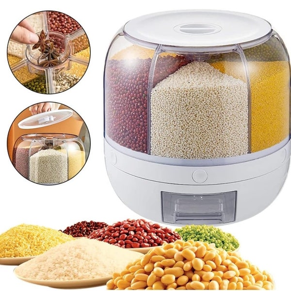 6-Grid Dry Food Dispenser Kitchen Countertop, Grain Rice Lentils Cereal Rotating Container, Round Transparent Rice Bucket, UK Gift