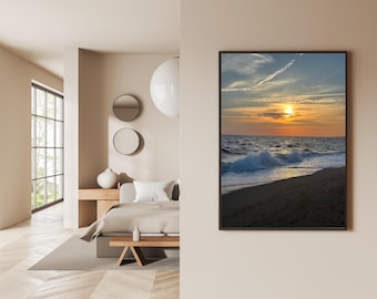 Arte mural con olas del océano al atardecer, impresión fotográfica de playa, decoración costera, descarga digital