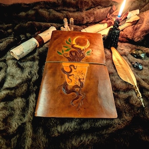 Grimorio recargable de cuero marrón Midori - Cuaderno encuadernado a mano, maceta rota, raíces lunares, papel de 120 g, libro de las sombras